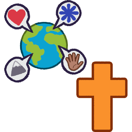 an emoji with a blue and green globe circle in the top left corner with four white speech bubbles with a thin dark outline around them. the speech bubbles, clockwise from the top left corner, contain a red heart, a blue asterisk, a brown hand, and a grey and white mountain peak. in the bottom right corner is an orange cross with a warm brown outline.
